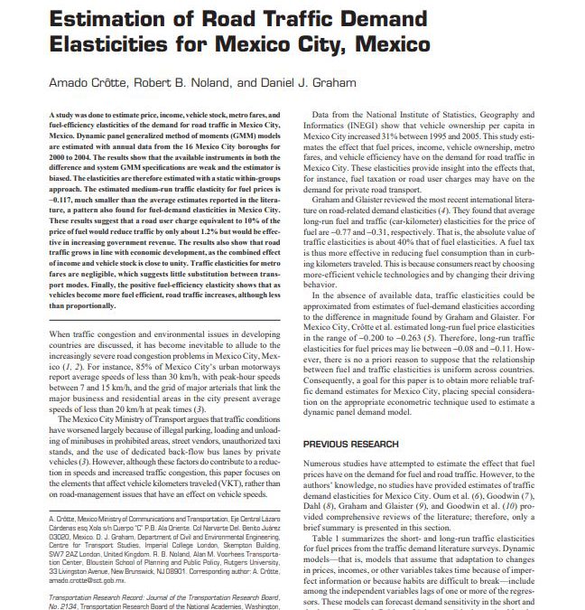Estimation of Road Traffic Demand Elasticities for Mexico City, Mexico