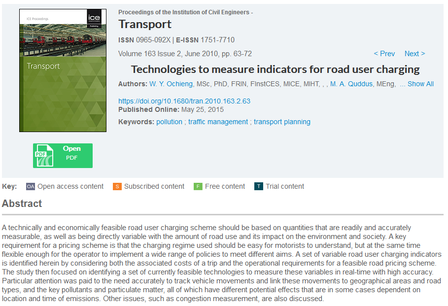 Technologies to Measure Indicators for Road User Charging