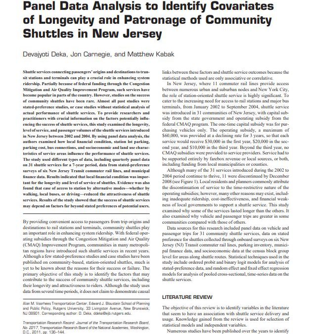 Panel Data Analysis to Identify the Covariates of Community Shuttle’s Longevity and Patronage in New Jersey
