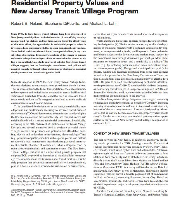 Residential Property Values and New Jersey Transit Village Program