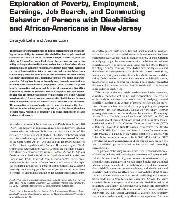Exploration of Poverty, Employment, Earnings, Job Search, and Commuting Behavior of Persons with Disabilities and African Americans in New Jersey