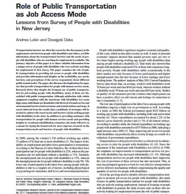 Role of Public Transportation as Job Access Mode: Lessons from a Survey of Persons with Disabilities in New Jersey