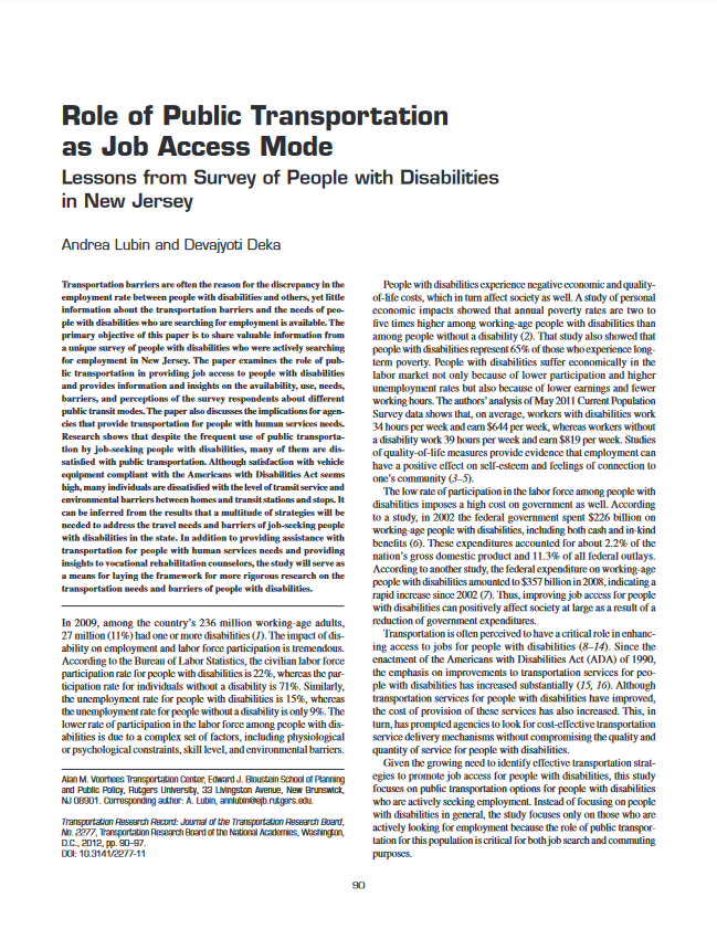 Role of Public Transportation as Job Access Mode Lessons from a Survey of Persons with Disabilities in New Jersey