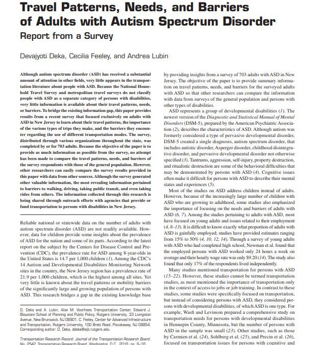 Travel Patterns, Needs, and Barriers of Adults with Autism Spectrum Disorder: Report from a Survey