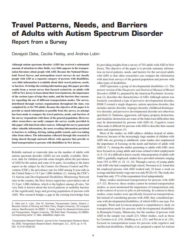 Travel Patterns Needs and Barriers of Adults with Autism Spectrum Disorder