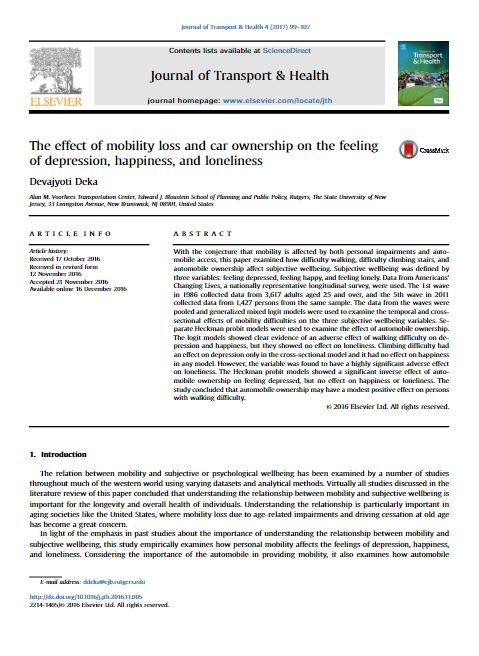 Effect of mobility loss and car ownership on depression happiness and loneliness
