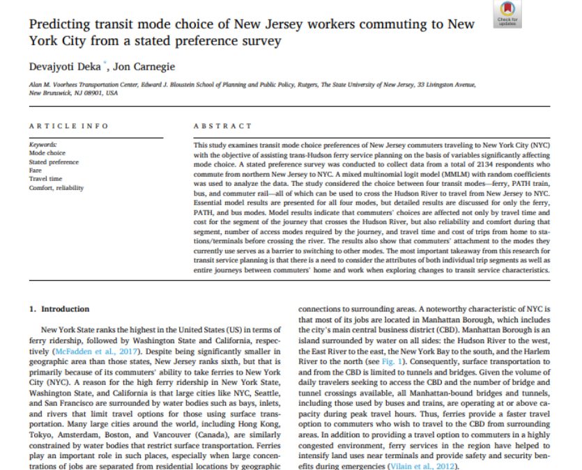 Predicting transit mode choice of New Jersey workers commuting to New York City from a stated preference survey