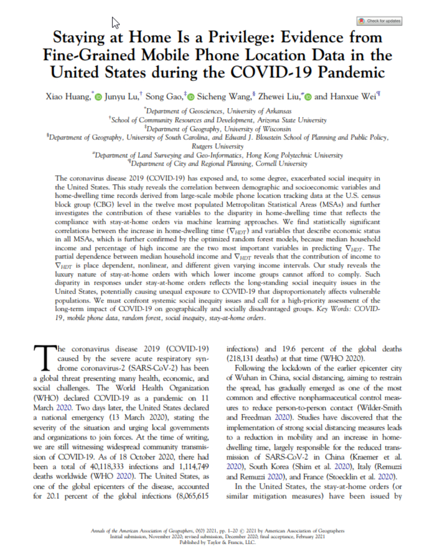 Staying at Home Is a Privilege: Evidence from Fine-Grained Mobile Phone Location Data in the United States during the COVID-19 Pandemic
