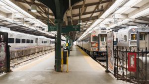 New Jersey Transit commuter trains and platform at the Erie Lackawanna rail terminal in Hoboken New Jersey