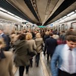 Crowds of people hurrying to catch a train to work during morning rush hour at a subway station. Frantic passengers taking public transport at a underground metro station, rushing to board their ride.