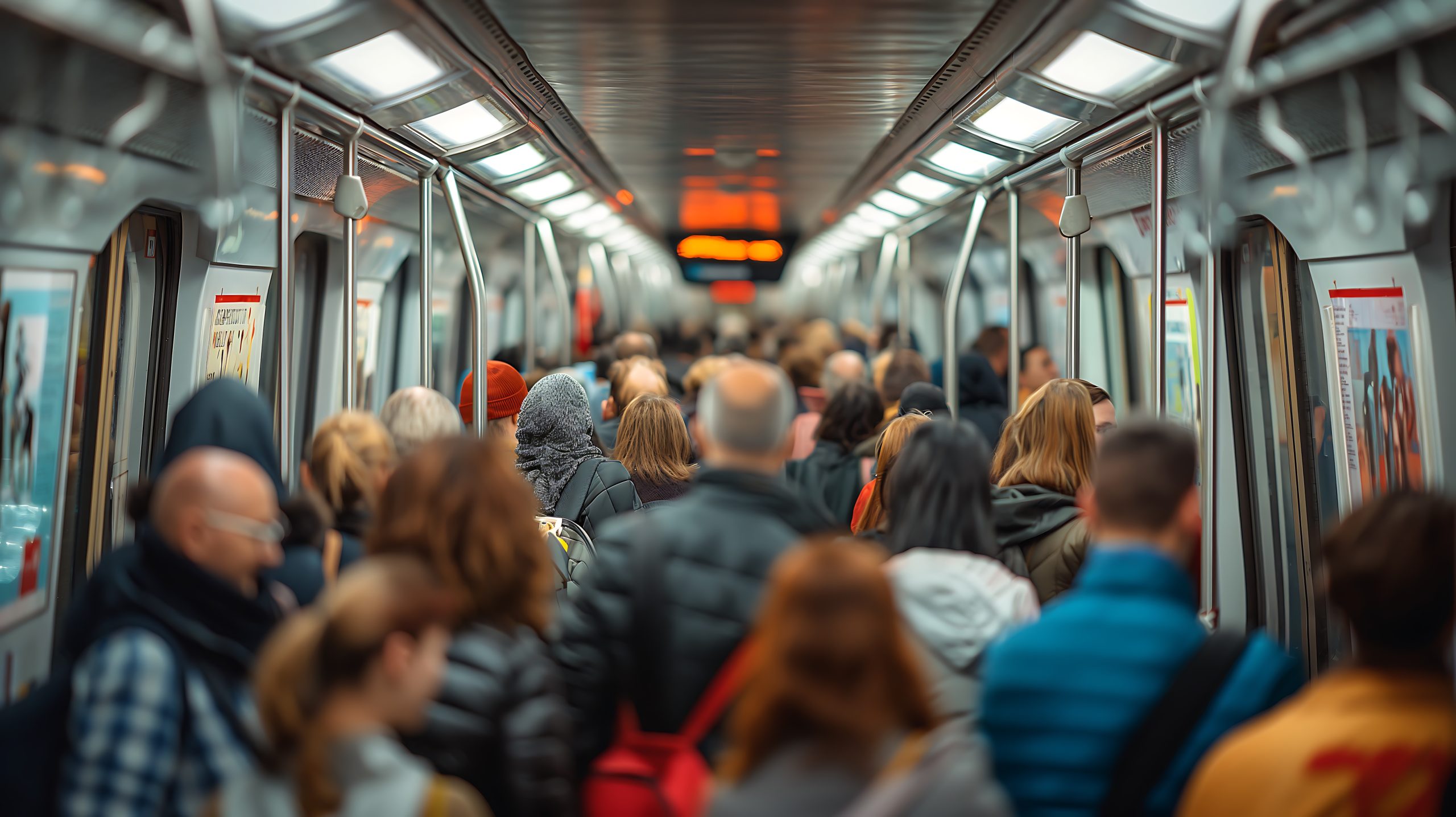 Trains filled with people going to work in the morning or leaving work in the evening during rush hour.