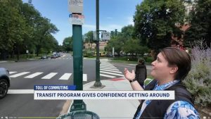 NJTIP @ Rutgers graduate Hunter at a NJ TRANSIT bus stop